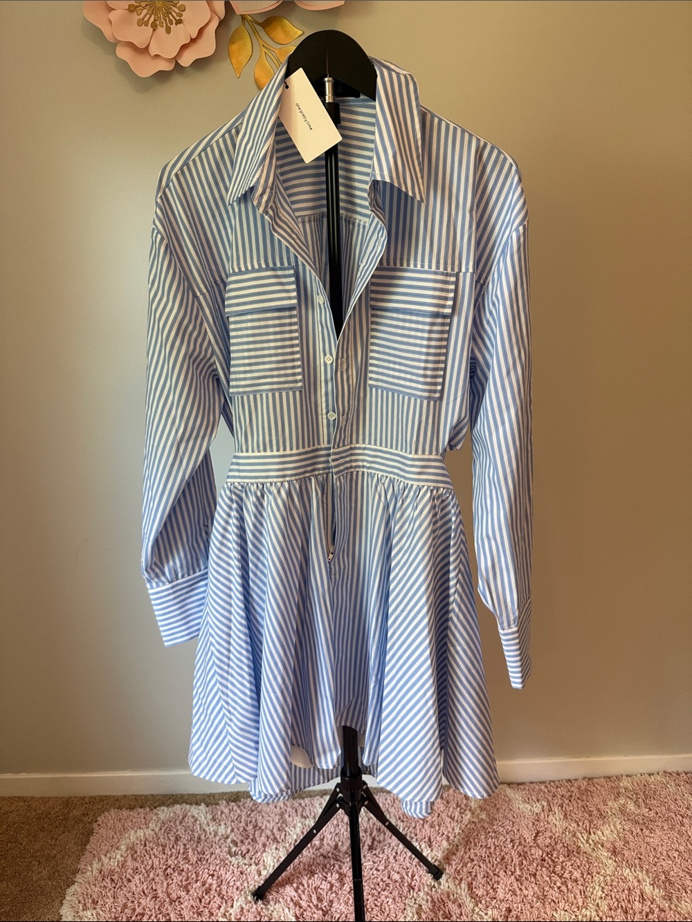 Striped Blue and White Shirt Dress - Women's Casual Collared Dress - Picture 1 of 3